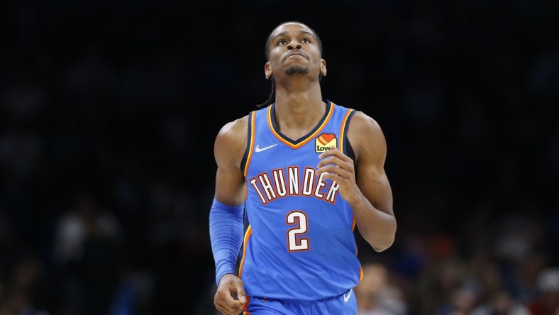 Jan 24, 2022; Oklahoma City, Oklahoma, USA; Oklahoma City Thunder guard Shai Gilgeous-Alexander (2) reacts after a play against the Chicago Bulls during the second half at Paycom Center. Chicago won 111-110. Mandatory Credit: Alonzo Adams-USA TODAY Sports