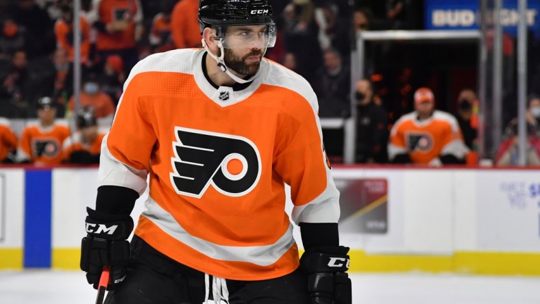 Jan 20, 2022; Philadelphia, Pennsylvania, USA; Philadelphia Flyers defenseman Keith Yandle (3) against the Columbus Blue Jackets at Wells Fargo Center. Mandatory Credit: Eric Hartline-USA TODAY Sports