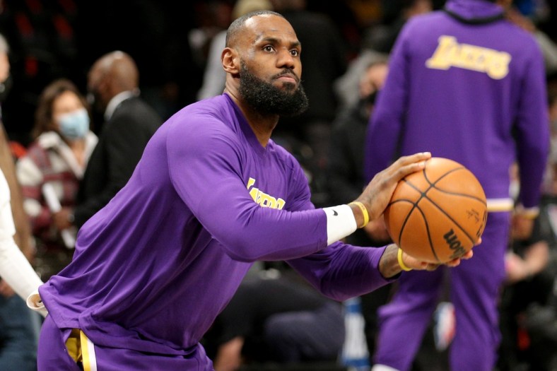 Jan 25, 2022; Brooklyn, New York, USA; Los Angeles Lakers forward LeBron James (6) warms up before a game against the Brooklyn Nets at Barclays Center. Mandatory Credit: Brad Penner-USA TODAY Sports