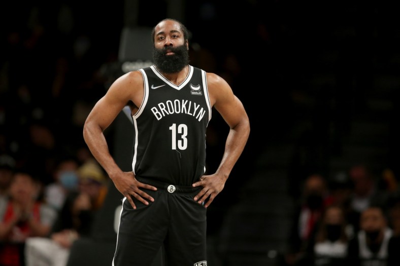 Jan 25, 2022; Brooklyn, New York, USA; Brooklyn Nets guard James Harden (13) reacts during the fourth quarter against the Los Angeles Lakers at Barclays Center. Mandatory Credit: Brad Penner-USA TODAY Sports