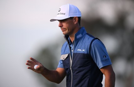 Jan 27, 2022; San Diego, California, USA;  Billy Horschel acknowledges the crowd after a putt on the 18th green during the first round of the Farmers Insurance Open golf tournament at Torrey Pines Municipal Golf Course - North Course. Mandatory Credit: Orlando Ramirez-USA TODAY Sports