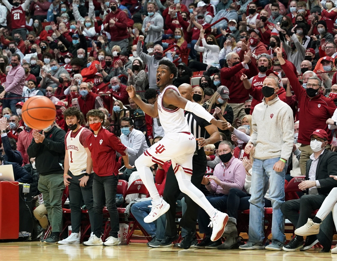 Jan 26, 2022; Bloomington, Indiana, USA;  Indiana Hoosiers guard Xavier Johnson (0) celebrates after a made shot during the game at Simon Skjodt Assembly Hall. Mandatory Credit: Robert Goddin-USA TODAY Sports