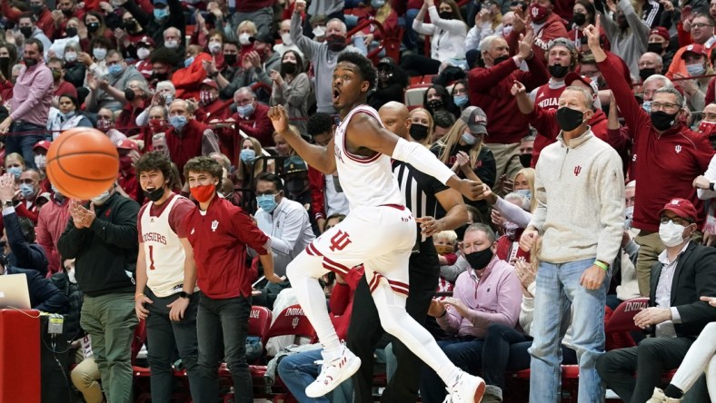 Jan 26, 2022; Bloomington, Indiana, USA;  Indiana Hoosiers guard Xavier Johnson (0) celebrates after a made shot during the game at Simon Skjodt Assembly Hall. Mandatory Credit: Robert Goddin-USA TODAY Sports