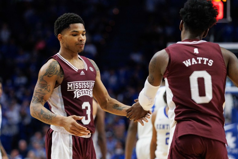 Jan 25, 2022; Lexington, Kentucky, USA; Mississippi State Bulldogs guard Shakeel Moore (3) and guard Rocket Watts (0) during the second half against the Kentucky Wildcats at Rupp Arena at Central Bank Center. Mandatory Credit: Jordan Prather-USA TODAY Sports