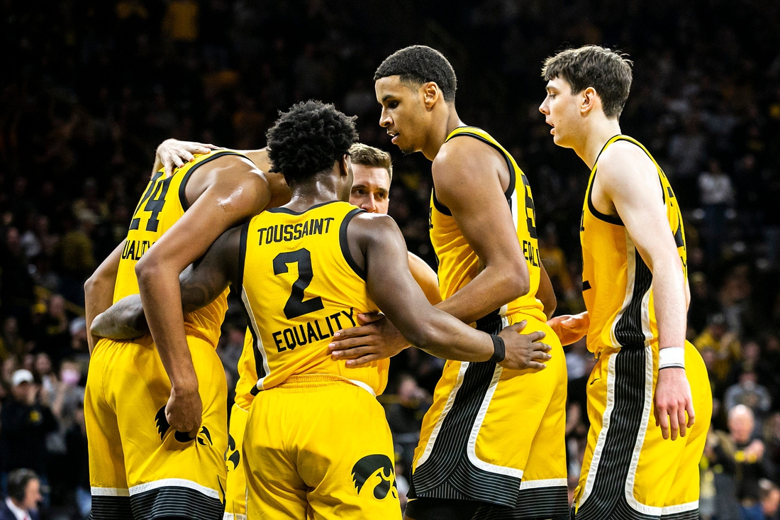 Iowa players, from left, Kris Murray, Joe Toussaint, Jordan Bohannon, Keegan Murray and Patrick McCaffery huddle up during a NCAA Big Ten Conference men's basketball game against Purdue, Thursday, Jan. 27, 2022, at Carver-Hawkeye Arena in Iowa City, Iowa.

220127 Purdue Iowa Mbb 021 Jpg