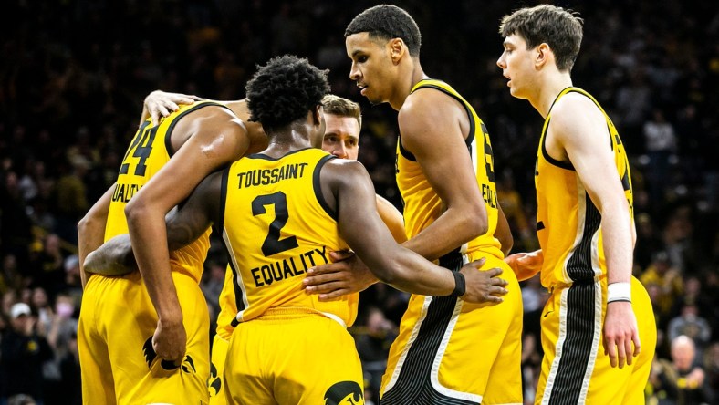 Iowa players, from left, Kris Murray, Joe Toussaint, Jordan Bohannon, Keegan Murray and Patrick McCaffery huddle up during a NCAA Big Ten Conference men's basketball game against Purdue, Thursday, Jan. 27, 2022, at Carver-Hawkeye Arena in Iowa City, Iowa.

220127 Purdue Iowa Mbb 021 Jpg