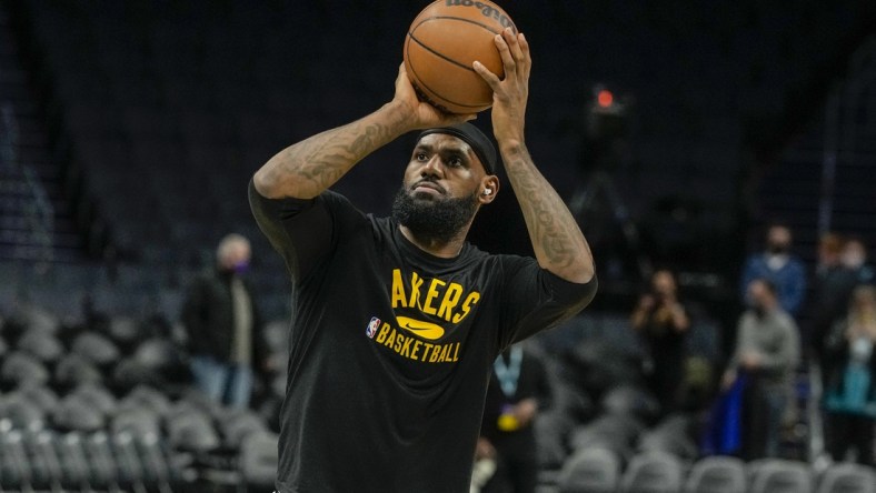 Jan 28, 2022; Charlotte, North Carolina, USA; Los Angeles Lakers forward LeBron James (6) during pregame warm ups against the Charlotte Hornets at the Spectrum Center. Mandatory Credit: Jim Dedmon-USA TODAY Sports