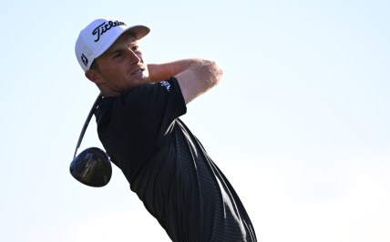 Jan 28, 2022; San Diego, California, USA; Will Zalatoris plays his shot from the 18th tee during the third round of the Farmers Insurance Open golf tournament at Torrey Pines Municipal Golf Course - South Course. Mandatory Credit: Orlando Ramirez-USA TODAY Sports