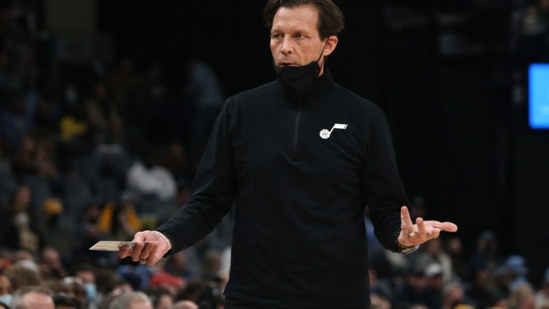 Jan 28, 2022; Memphis, Tennessee, USA; Utah Jazz head coach Quin Snyder reacts during the first half against the Memphis Grizzles at FedExForum. Mandatory Credit: Petre Thomas-USA TODAY Sports