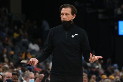 Jan 28, 2022; Memphis, Tennessee, USA; Utah Jazz head coach Quin Snyder reacts during the first half against the Memphis Grizzles at FedExForum. Mandatory Credit: Petre Thomas-USA TODAY Sports