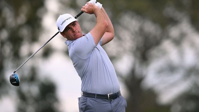 Jan 29, 2022; San Diego, California, USA; Luke List plays his shot from the second tee during the final round of the Farmers Insurance Open golf tournament at Torrey Pines Municipal Golf Course - South Course. Mandatory Credit: Orlando Ramirez-USA TODAY Sports