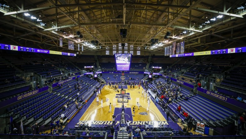 Jan 29, 2022; Seattle, Washington, USA; General view of Alaska Airlines Arena at Hec Edmundson Pavilion before a game between the Utah Utes and Washington Huskies. Mandatory Credit: Joe Nicholson-USA TODAY Sports