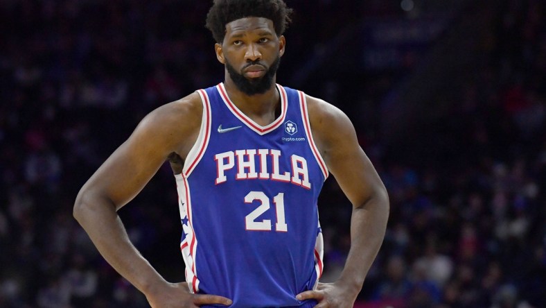 Jan 29, 2022; Philadelphia, Pennsylvania, USA; Philadelphia 76ers center Joel Embiid (21) looks on during the fourth quarter against the Sacramento Kings at Wells Fargo Center. Mandatory Credit: Eric Hartline-USA TODAY Sports