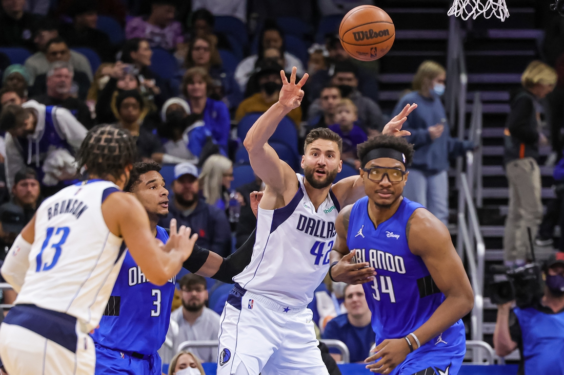 Jan 30, 2022; Orlando, Florida, USA; Dallas Mavericks forward Maxi Kleber (42) passes the ball during the second quarter at Amway Center. Mandatory Credit: Mike Watters-USA TODAY Sports