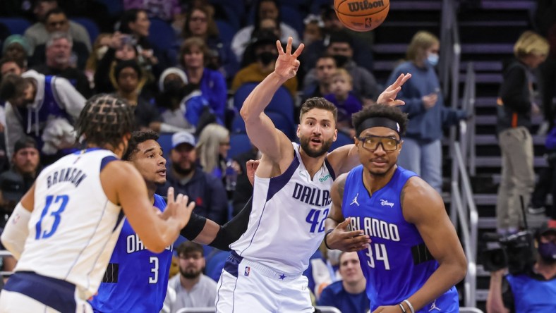 Jan 30, 2022; Orlando, Florida, USA; Dallas Mavericks forward Maxi Kleber (42) passes the ball during the second quarter at Amway Center. Mandatory Credit: Mike Watters-USA TODAY Sports