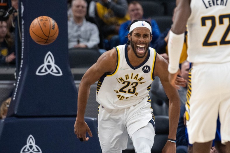 Jan 31, 2022; Indianapolis, Indiana, USA; Indiana Pacers forward Isaiah Jackson (23) reacts to a made basket in the second half against the LA Clippers at Gainbridge Fieldhouse. Mandatory Credit: Trevor Ruszkowski-USA TODAY Sports