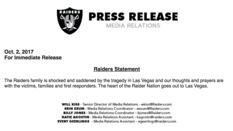 Las Vegas Raiders Report STatement Las VEgas shooting