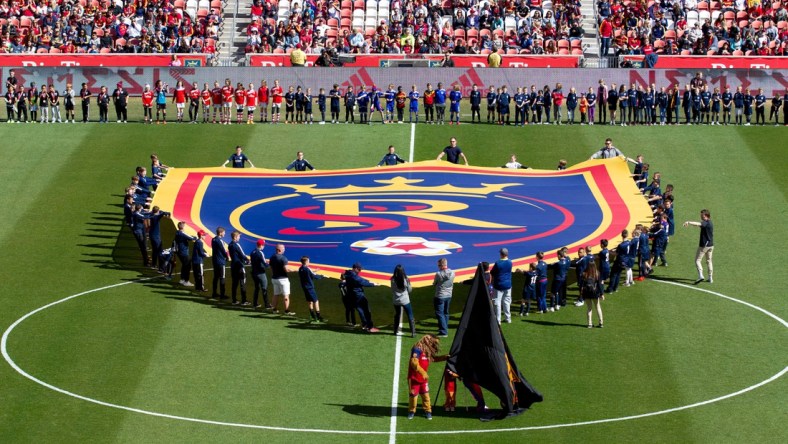 Mar 10, 2018; Sandy, UT, USA; A Real Salt Lake banner is displayed on the field prior to the match against Los Angeles FC at Rio Tinto Stadium. Mandatory Credit: Russ Isabella-USA TODAY Sports