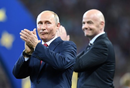 July 15, 2018; Moscow, Russia; Russia president Vladimir Putin and FIFA president Gianni Infantino present the trophy to France after the final of the FIFA World Cup 2018 against Croatia at Luzhniki Stadium. Mandatory Credit: Tim Groothuis/Witters Sport via USA TODAY Sports