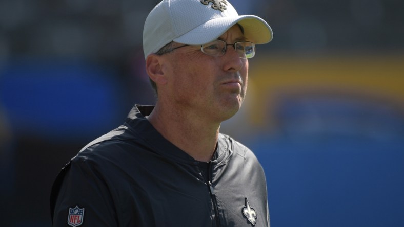 Aug 25, 2018; Carson, CA, USA; New Orleans Saints offensive coordinator Pete Carmichael during a preseason gameagainst the Los Angeles Chargers  at StubHub Center. The Saints defeated the Chargers 36-7. Mandatory Credit: Kirby Lee-USA TODAY Sports