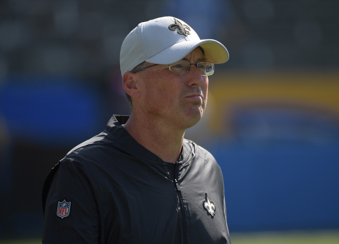 Aug 25, 2018; Carson, CA, USA; New Orleans Saints offensive coordinator Pete Carmichael during a preseason gameagainst the Los Angeles Chargers  at StubHub Center. The Saints defeated the Chargers 36-7. Mandatory Credit: Kirby Lee-USA TODAY Sports