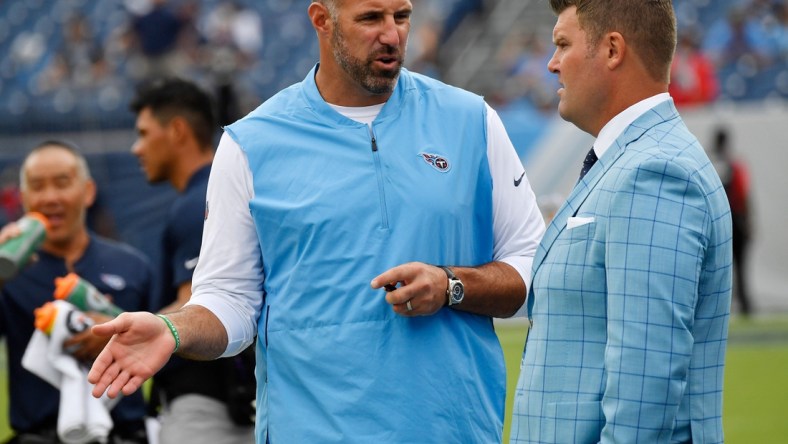 Titans head coach Mike Vrabel and General Manager Jon Robinson chat before the game at Nissan Stadium Sunday, Sept. 16, 2018, in Nashville, Tenn.

Nas Titans 9 16