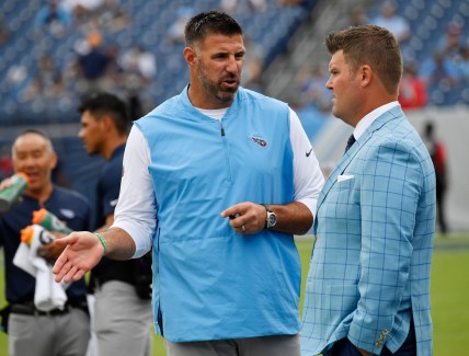 Titans head coach Mike Vrabel and General Manager Jon Robinson chat before the game at Nissan Stadium Sunday, Sept. 16, 2018, in Nashville, Tenn.

Nas Titans 9 16