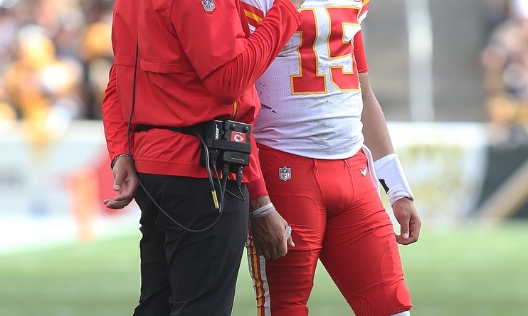 Sep 16, 2018; Pittsburgh, PA, USA;  Kansas City Chiefs quarterbacks coach Mike Kafka (L) talks with quarterback Patrick Mahomes (15) against the Pittsburgh Steelers during the third quarter at Heinz Field. The Chiefs won 42-37. Mandatory Credit: Charles LeClaire-USA TODAY Sports