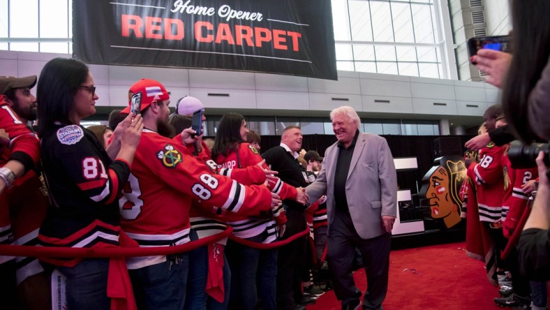 Oct 7, 2018; Chicago, IL, USA; Former Chicago Blackhawks player Bobby Hull during the red carpet ceremony prior to a game between the Chicago Blackhawks and the Toronto Maple Leafs at United Center. Mandatory Credit: Patrick Gorski-USA TODAY Sports