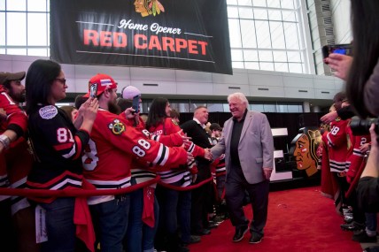 Oct 7, 2018; Chicago, IL, USA; Former Chicago Blackhawks player Bobby Hull during the red carpet ceremony prior to a game between the Chicago Blackhawks and the Toronto Maple Leafs at United Center. Mandatory Credit: Patrick Gorski-USA TODAY Sports