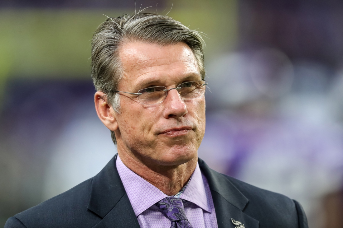 Nov 4, 2018; Minneapolis, MN, USA; Minnesota Vikings general manager Rick Spielman looks on prior to the game against the Detroit Lions at U.S. Bank Stadium. Mandatory Credit: Brace Hemmelgarn-USA TODAY Sports