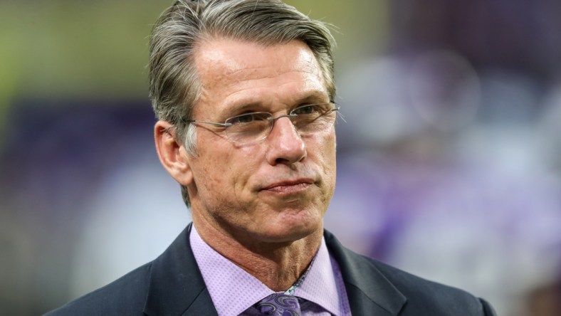 Nov 4, 2018; Minneapolis, MN, USA; Minnesota Vikings general manager Rick Spielman looks on prior to the game against the Detroit Lions at U.S. Bank Stadium. Mandatory Credit: Brace Hemmelgarn-USA TODAY Sports