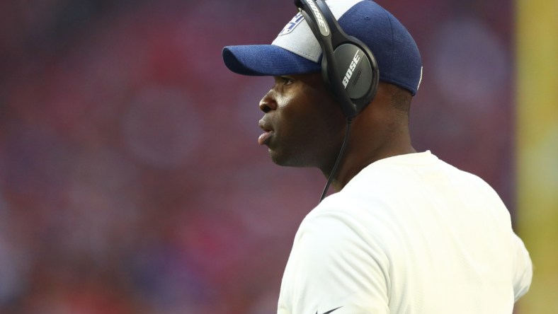 Dec 23, 2018; Glendale, AZ, USA; Los Angeles Rams safeties coach Ejiro Evero against the Arizona Cardinals at State Farm Stadium. Mandatory Credit: Mark J. Rebilas-USA TODAY Sports