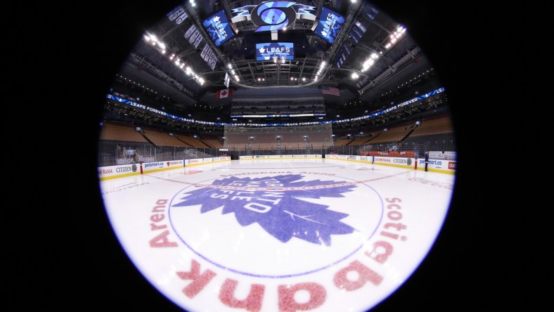 Feb 6, 2019; Toronto, Ontario, CAN; A general view of the arena and the team logo at center ice before the start of the Toronto Maple Leafs game against the Ottawa Senators at Scotiabank Arena. Mandatory Credit: Tom Szczerbowski-USA TODAY Sports