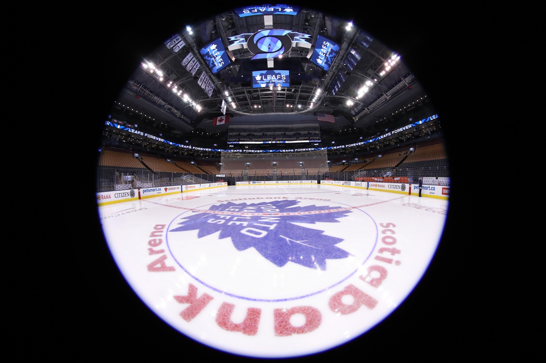 Feb 6, 2019; Toronto, Ontario, CAN; A general view of the arena and the team logo at center ice before the start of the Toronto Maple Leafs game against the Ottawa Senators at Scotiabank Arena. Mandatory Credit: Tom Szczerbowski-USA TODAY Sports