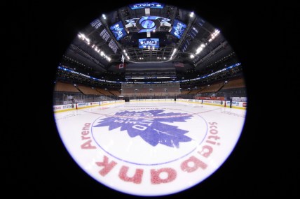 Feb 6, 2019; Toronto, Ontario, CAN; A general view of the arena and the team logo at center ice before the start of the Toronto Maple Leafs game against the Ottawa Senators at Scotiabank Arena. Mandatory Credit: Tom Szczerbowski-USA TODAY Sports