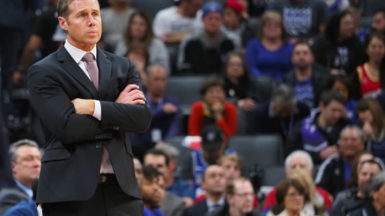 Feb 6, 2019; Sacramento, CA, USA; Sacramento Kings head coach Dave Joerger looks on from the sideline during the second quarter against the Houston Rockets at Golden 1 Center. Mandatory Credit: Kelley L Cox-USA TODAY Sports