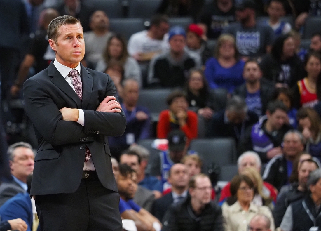 Feb 6, 2019; Sacramento, CA, USA; Sacramento Kings head coach Dave Joerger looks on from the sideline during the second quarter against the Houston Rockets at Golden 1 Center. Mandatory Credit: Kelley L Cox-USA TODAY Sports