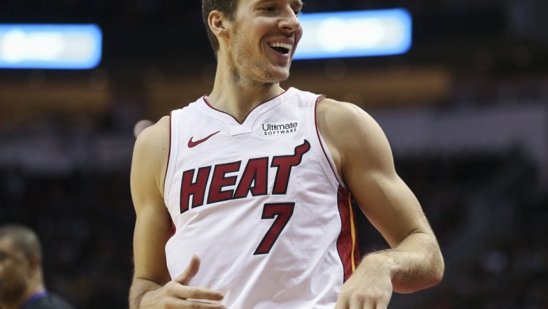 Feb 28, 2019; Houston, TX, USA; Miami Heat guard Goran Dragic (7) smiles after making a basket during the fourth quarter against the Houston Rockets at Toyota Center. Mandatory Credit: Troy Taormina-USA TODAY Sports