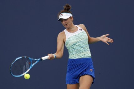 Mar 21, 2019; Miami Gardens, FL, USA; Irina-Camelia Begu of Romania hits a forehand against Bianca Andreescu of Canada (not pictured) in the first round of the Miami Open at Miami Open Tennis Complex. Mandatory Credit: Geoff Burke-USA TODAY Sports