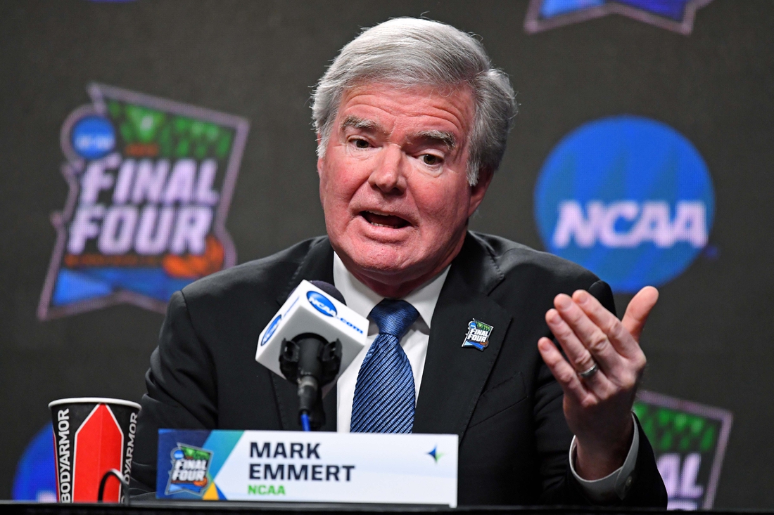 Apr 4, 2019; Minneapolis, MN, USA; NCAA president Mark Emmert speaks during a press conference at U.S. Bank Stadium. Mandatory Credit: Robert Deutsch-USA TODAY Sports