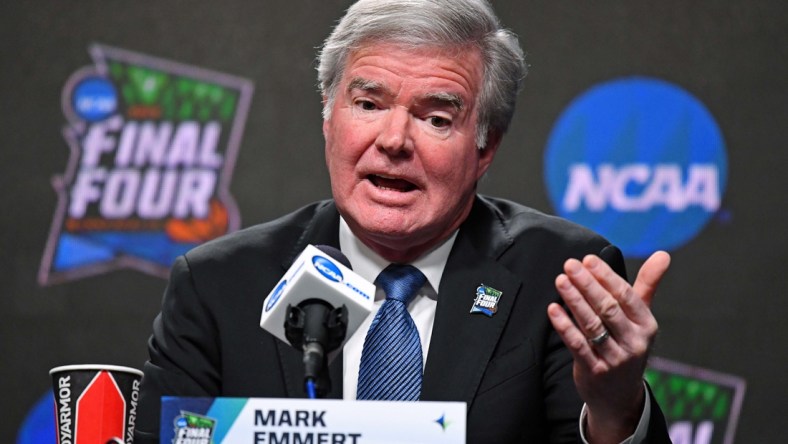 Apr 4, 2019; Minneapolis, MN, USA; NCAA president Mark Emmert speaks during a press conference at U.S. Bank Stadium. Mandatory Credit: Robert Deutsch-USA TODAY Sports