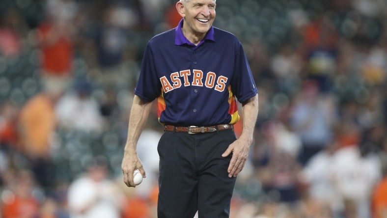 Apr 9, 2019; Houston, TX, USA; Jim McIngvale smiles before throwing a ceremonial first pitch prior to the game between the Houston Astros and the New York Yankees at Minute Maid Park. Mandatory Credit: Troy Taormina-USA TODAY Sports