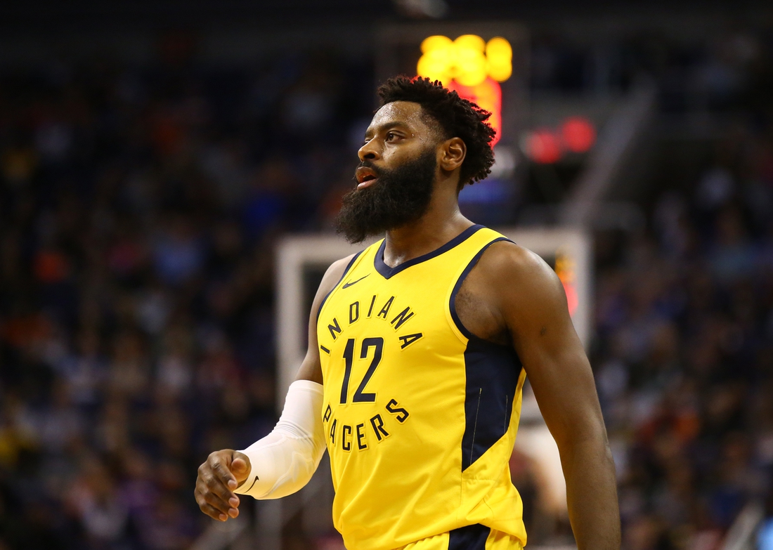 Nov 27, 2018; Phoenix, AZ, USA; Indiana Pacers guard Tyreke Evans (12) against the Phoenix Suns at Talking Stick Resort Arena. Mandatory Credit: Mark J. Rebilas-USA TODAY Sports