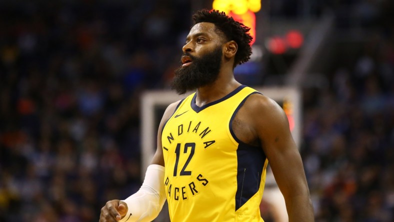 Nov 27, 2018; Phoenix, AZ, USA; Indiana Pacers guard Tyreke Evans (12) against the Phoenix Suns at Talking Stick Resort Arena. Mandatory Credit: Mark J. Rebilas-USA TODAY Sports