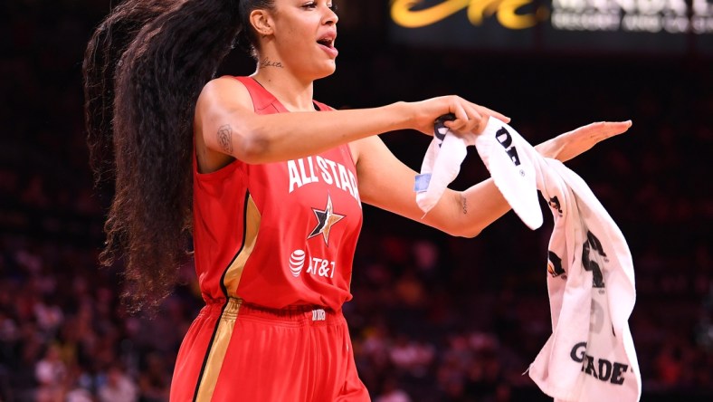 Jul 27, 2019; Las Vegas, NV, USA; Team Wilson forward Liz Cambage celebrates after Team Wilson defeated Team Delle Donne in the WNBA All Star Game at Mandalay Bay Events Center. Mandatory Credit: Stephen R. Sylvanie-USA TODAY Sports