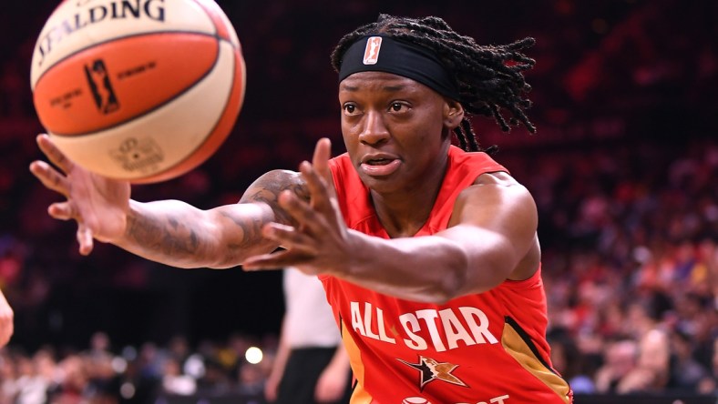 Jul 27, 2019; Las Vegas, NV, USA; Team Wilson guard Erica Wheeler (17) reaches for the ball during the first half of the WNBA All Star Game at Mandalay Bay Events Center. Mandatory Credit: Stephen R. Sylvanie-USA TODAY Sports