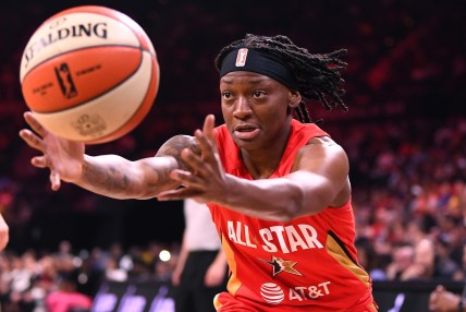 Jul 27, 2019; Las Vegas, NV, USA; Team Wilson guard Erica Wheeler (17) reaches for the ball during the first half of the WNBA All Star Game at Mandalay Bay Events Center. Mandatory Credit: Stephen R. Sylvanie-USA TODAY Sports