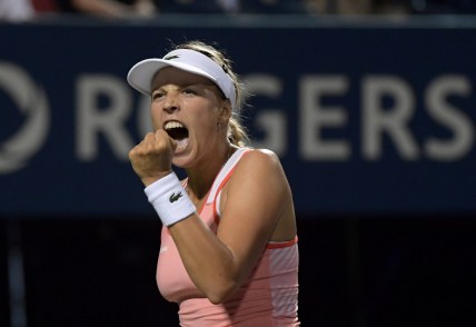 Aug 5, 2019; Toronto, Ontario, Canada;   Anett Kontaveit (Estonia) celebrates after winning a point during her victory over Maria Sharapova (Russia) during the Rogers Cup tennis tournament at Aviva Centre. Mandatory Credit: Dan Hamilton-USA TODAY Sports