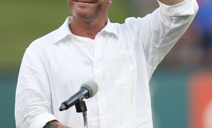 Aug 17, 2019; Arlington, TX, USA; Former Texas Rangers player Josh Hamilton waves to the crowd during his hall of fame induction ceremony before the game against the Minnesota Twins at Globe Life Park in Arlington. Mandatory Credit: Tim Heitman-USA TODAY Sports